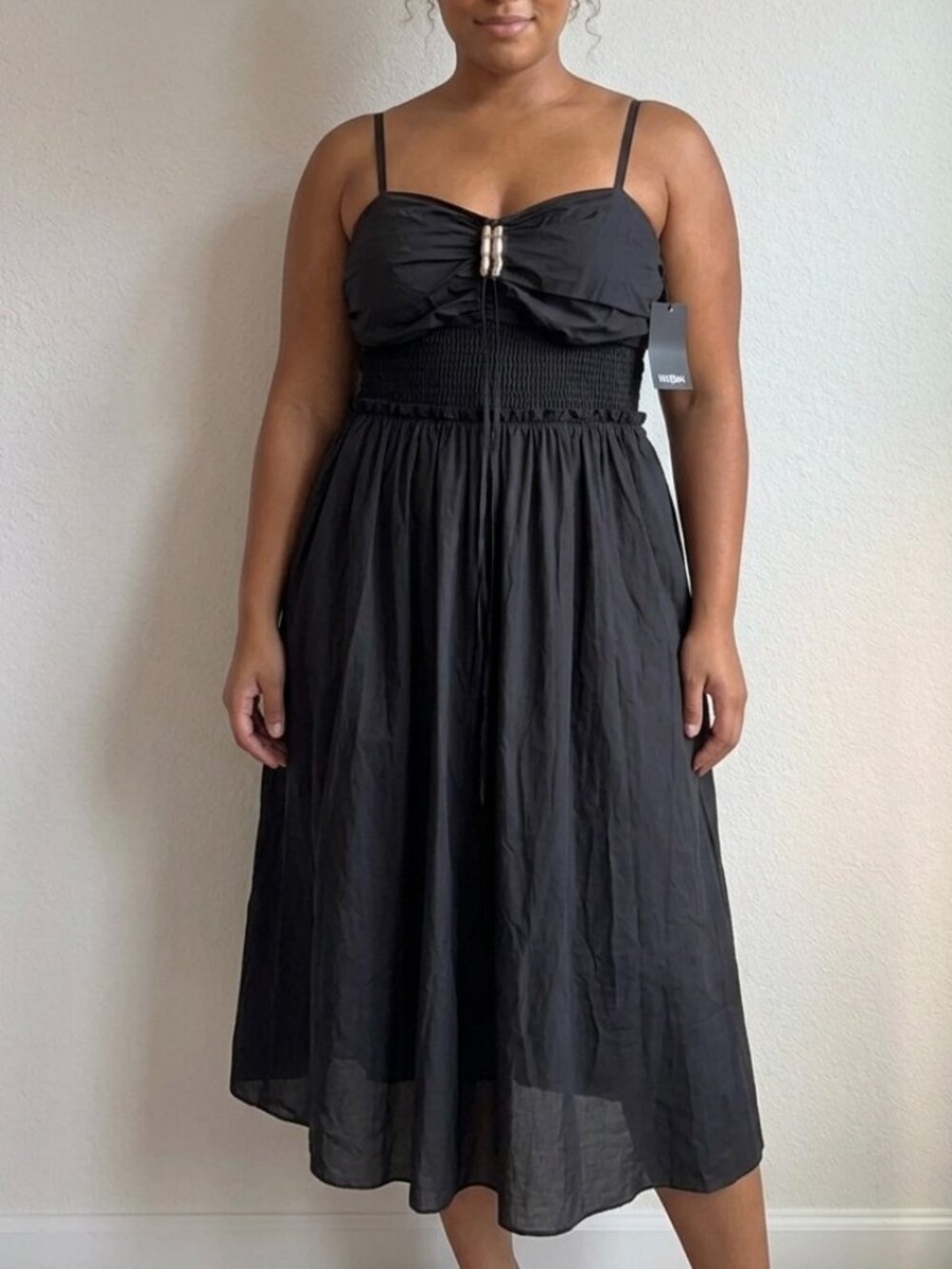 NWT WHBM Black Smocked 100% Cotton Midi Dress Size 16 MSRP $170 LBD Coquette Y2K